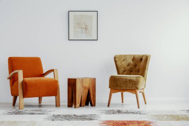 Zeytin yeşili moda koltuk ahşap sehpa ve şık salon iç beyaz duvar deve posteri ile turuncu retro tekli yanında