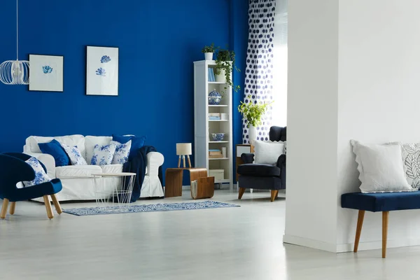Şık Koltuk Kanepe Ile Mavi Beyaz Açık Plan Oturma Odası — Stok fotoğraf