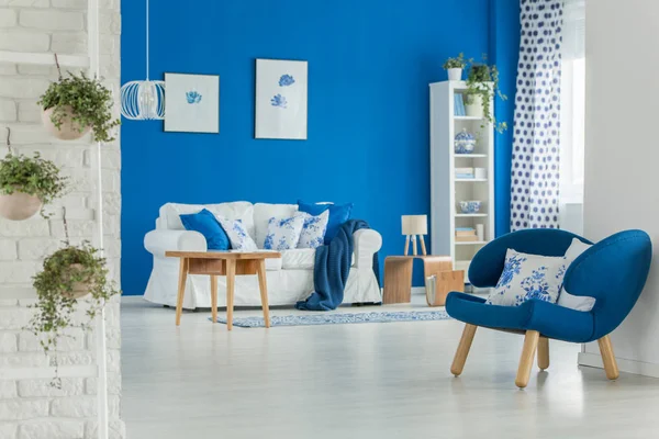 Белый Синий Дизайн Элегантной Гостиной Трехкомнатной Квартире Настоящее Фото — стоковое фото