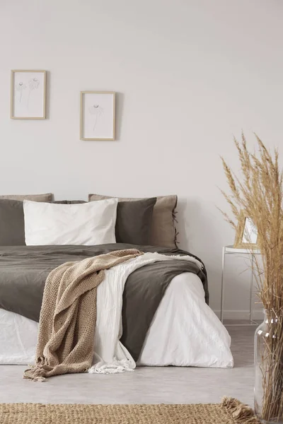 毯子在床上与枕头在白色最小的卧室内部与植物和海报 真实照片 — 图库照片