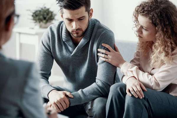 Supportive Beautiful Wife Touching Husband Arm Psychotherapy Session Married Couples — Stock Photo, Image