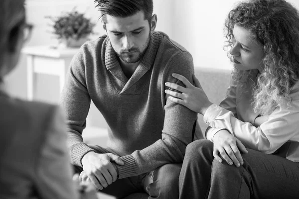 Black White Photo Supportive Wife Touching Husband Arm Psychotherapy Session — Stock Photo, Image