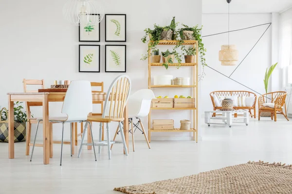 Natural Linen Rug White Wooden Floor Tasteful Living Dining Room — Stock Photo, Image