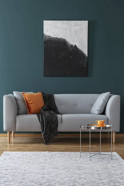 Painting Grey Sofa Blanket Cushion Living Room Interior Table Real — Stock Photo, Image