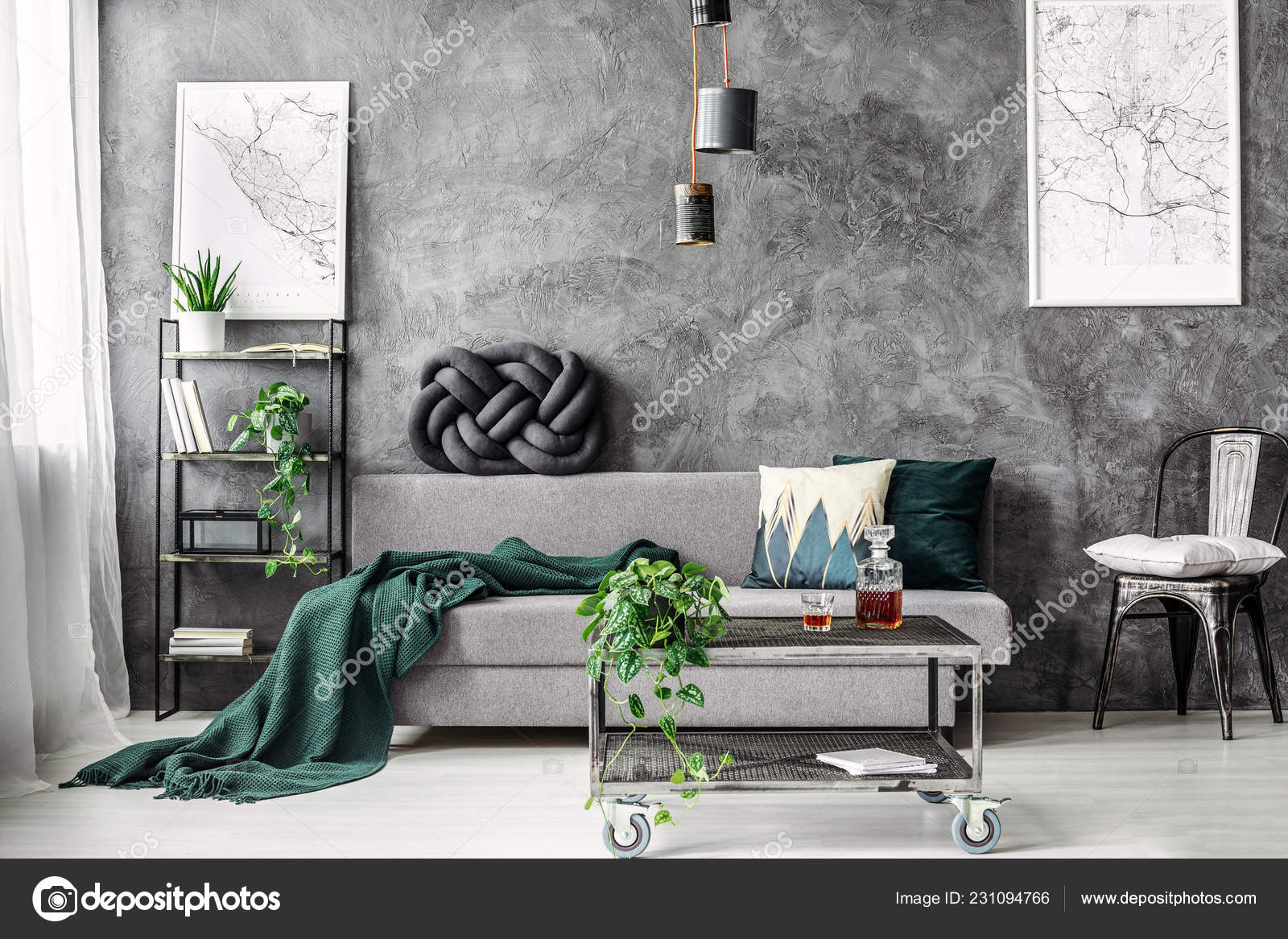 Dark Green Blanket Comfortable Grey Sofa Elegant Industrial Living