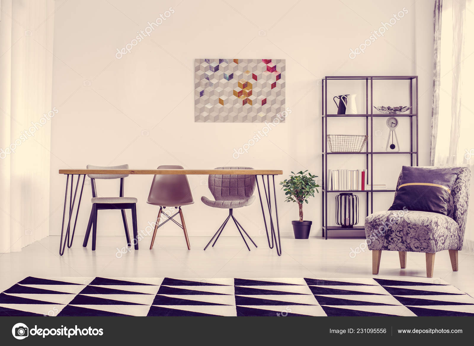 Pillow Grey Armchair Geometric Carpet Bright Dining Room Clock Pillow Grey Armchair Geometric Carpet Bright Dining Room Clock