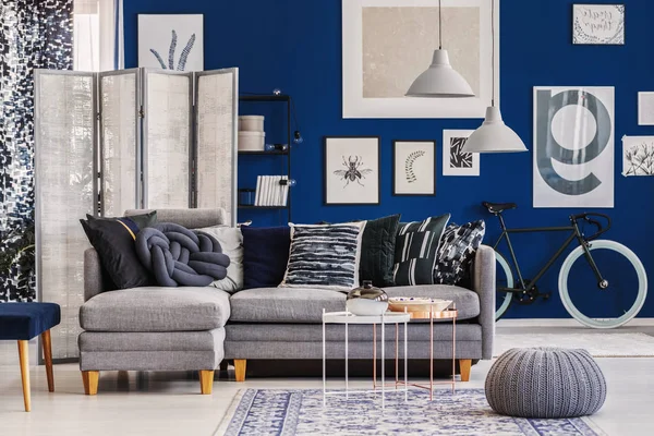 Elegantes Grau Blaues Wohnzimmer Mit Gemütlicher Eckcouch Und Postergalerie Der — Stockfoto