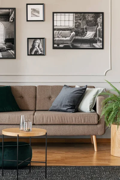 Black White Photos Grey Wall Stylish Living Room Interior Brown — Stock Photo, Image