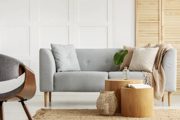 Stilvolles Wohnzimmer Mit Grauer Couch Holzmöbeln Und Weißer Wand — Stockfoto