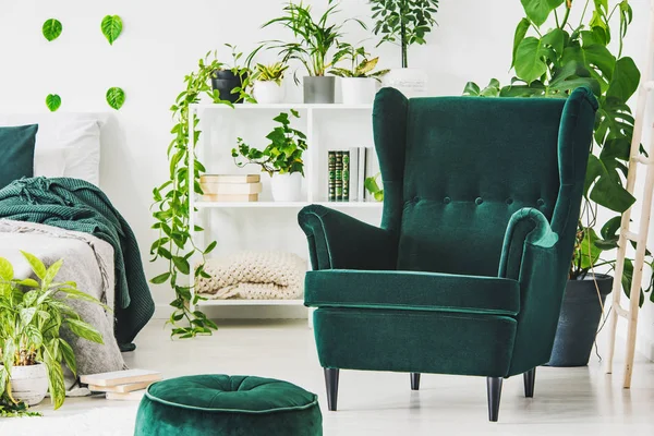 Poltrona Confortável Verde Esmeralda Pufe Interior Quarto Contemporâneo Com Selva — Fotografia de Stock