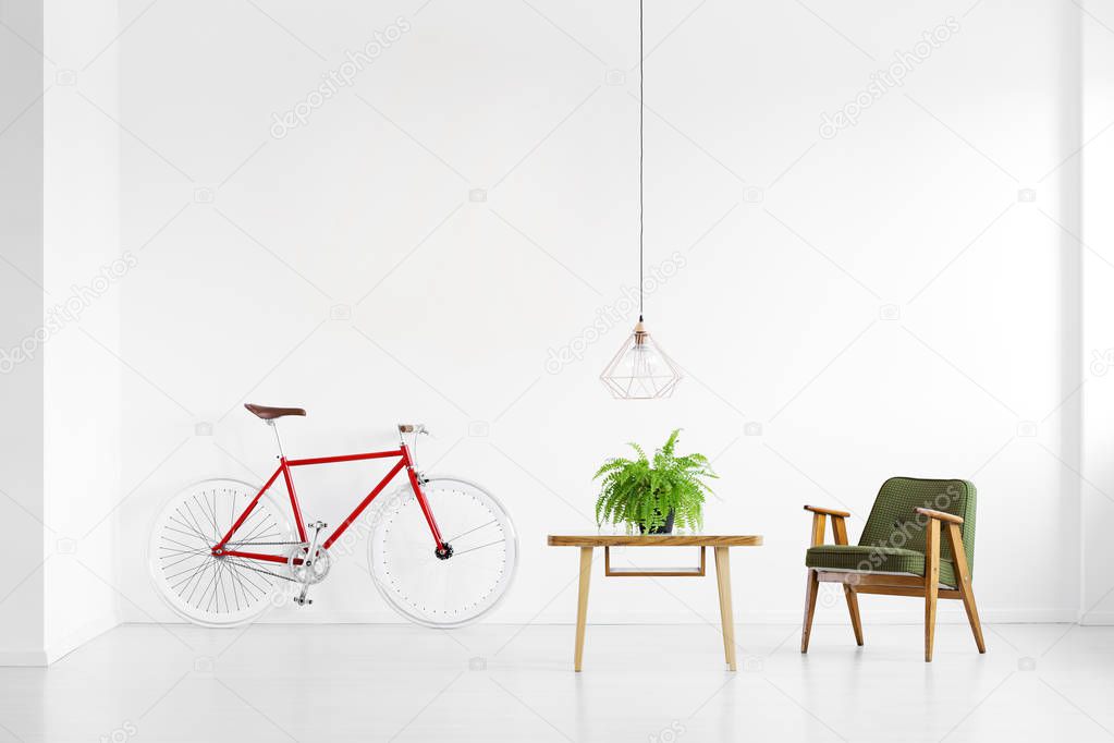 Dark green retro armchair next to wooden coffee table with plant and red bike in empty living room interior