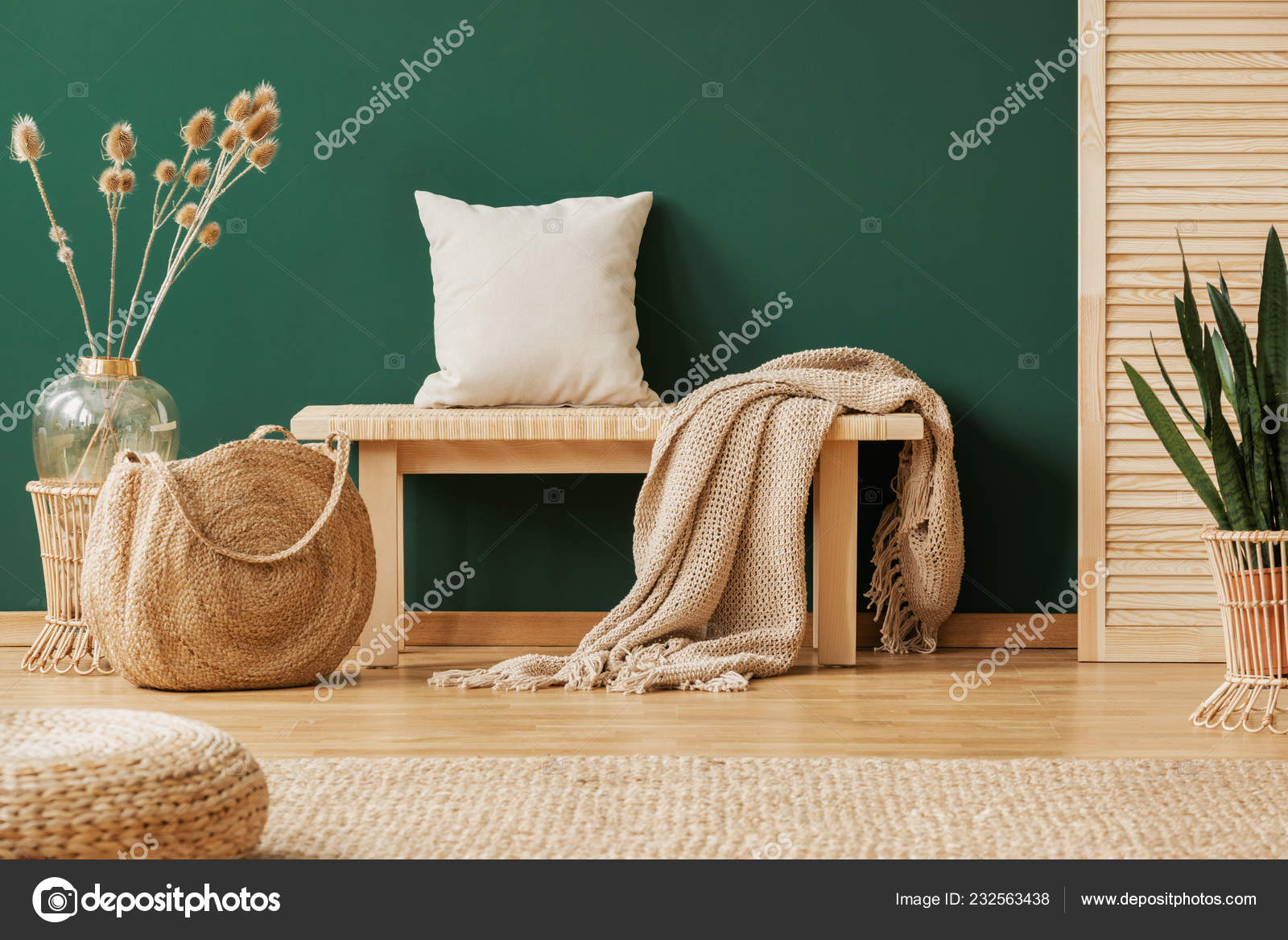 Blanket Pillow Wooden Bench Green Apartment Interior Pouf Bag