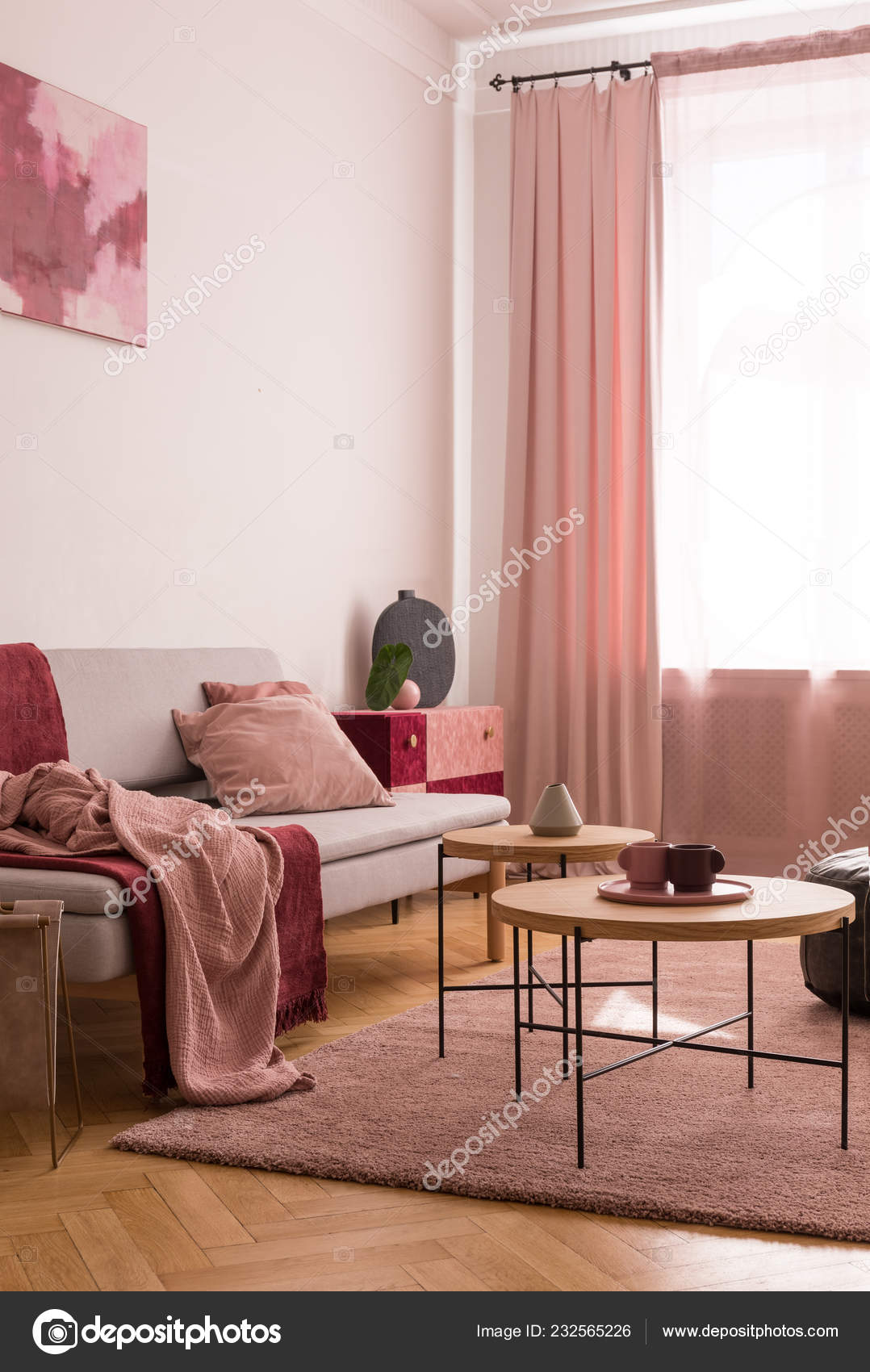 Table Pink Carpet Living Room Interior Blanket Grey Sofa Drapes
