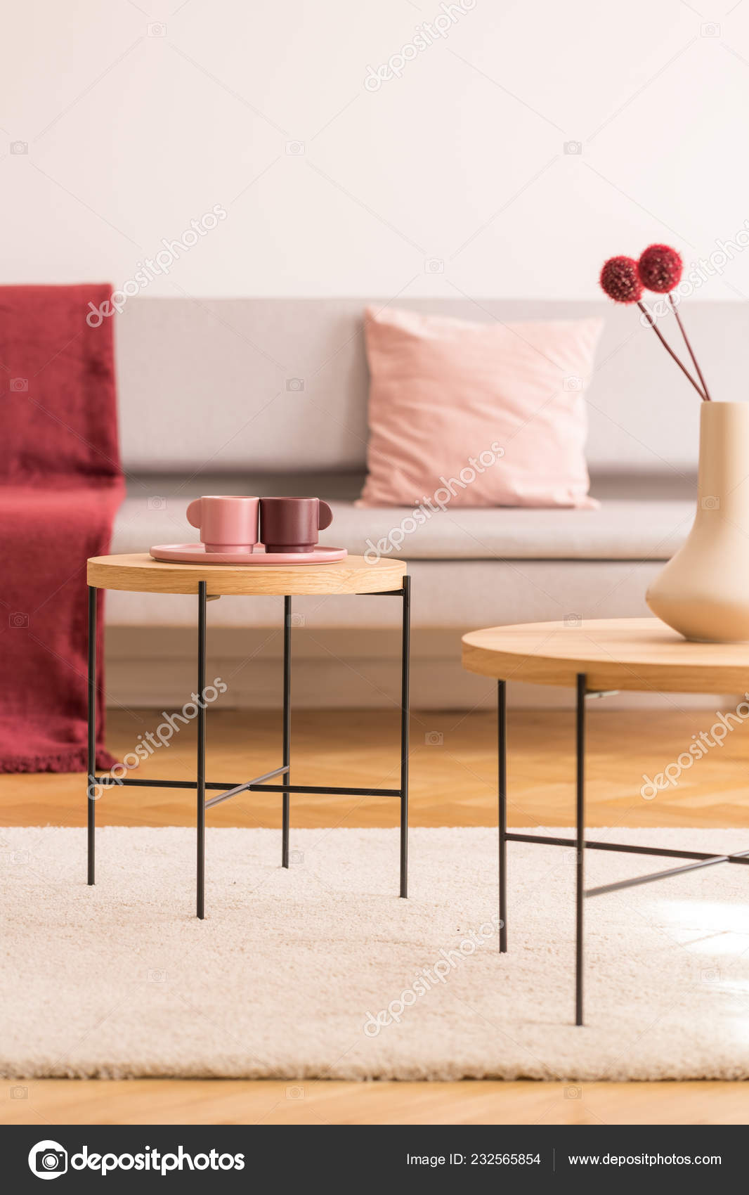 Coffee Tables Coffee Cups Vase Flowers Bright Living Room Interior