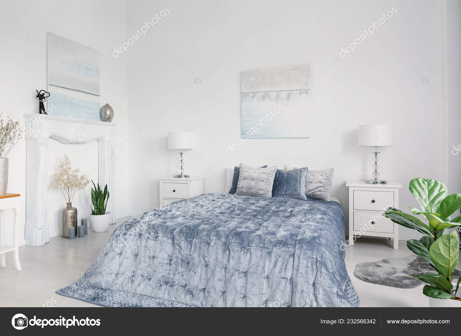 Blue Bed Cushions Cabinets Lamps White Bedroom Interior