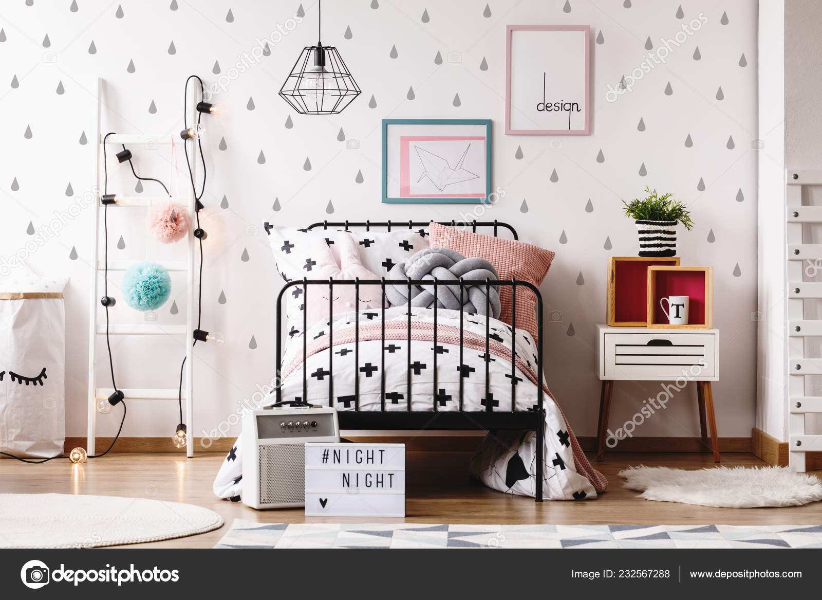White Wooden Ladder Pompons Lights Next Industrial Bed Black
