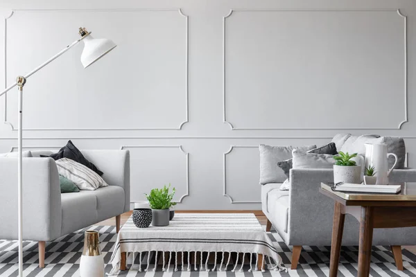Dos Sofás Simple Salón Interior Con Una Mesa Baja Molduras — Foto de Stock