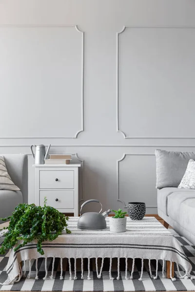 Green plant, kettle and coffee mug on low coffee table covered with striped tablecloth, real photo with copy space on the empty wall