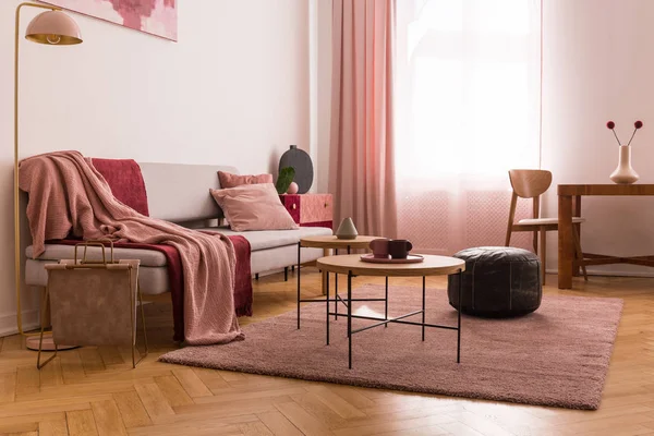 Elegancki Salon Wnętrza Modna Szara Sofa Pastelowy Różowy Poduszka Koc — Zdjęcie stockowe