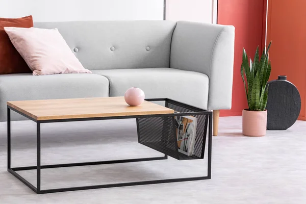 Closeup Modern Wooden Metal Coffee Table Next Stylish Grey Couch — Stock Photo, Image
