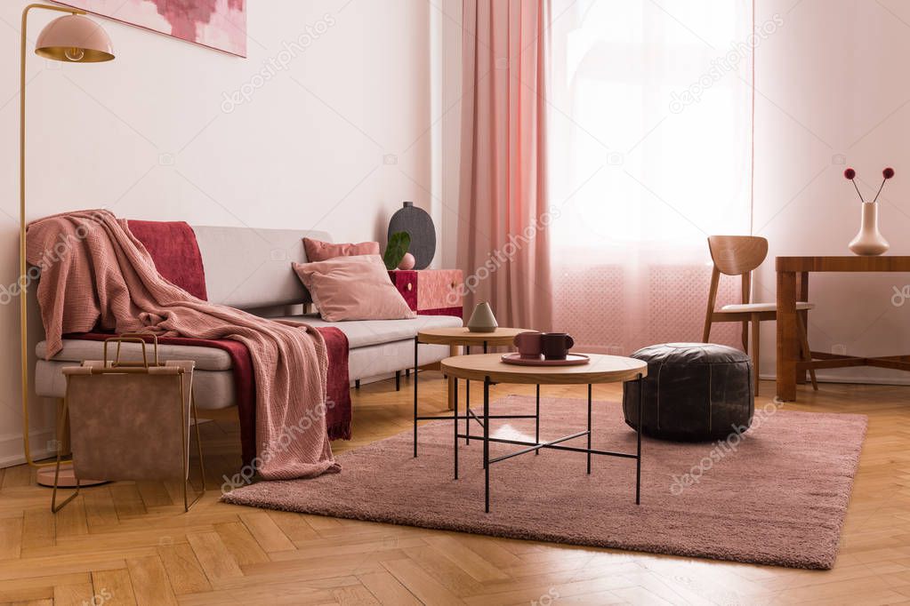 Elegant living room interior with trendy grey sofa with pastel pink pillow and burgundy blanket, wooden coffee tables next to it