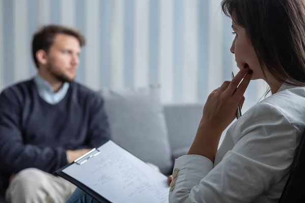 Thoughtful Psychotherapist Session Sad Patient Anxiety Problem — Stock Photo, Image