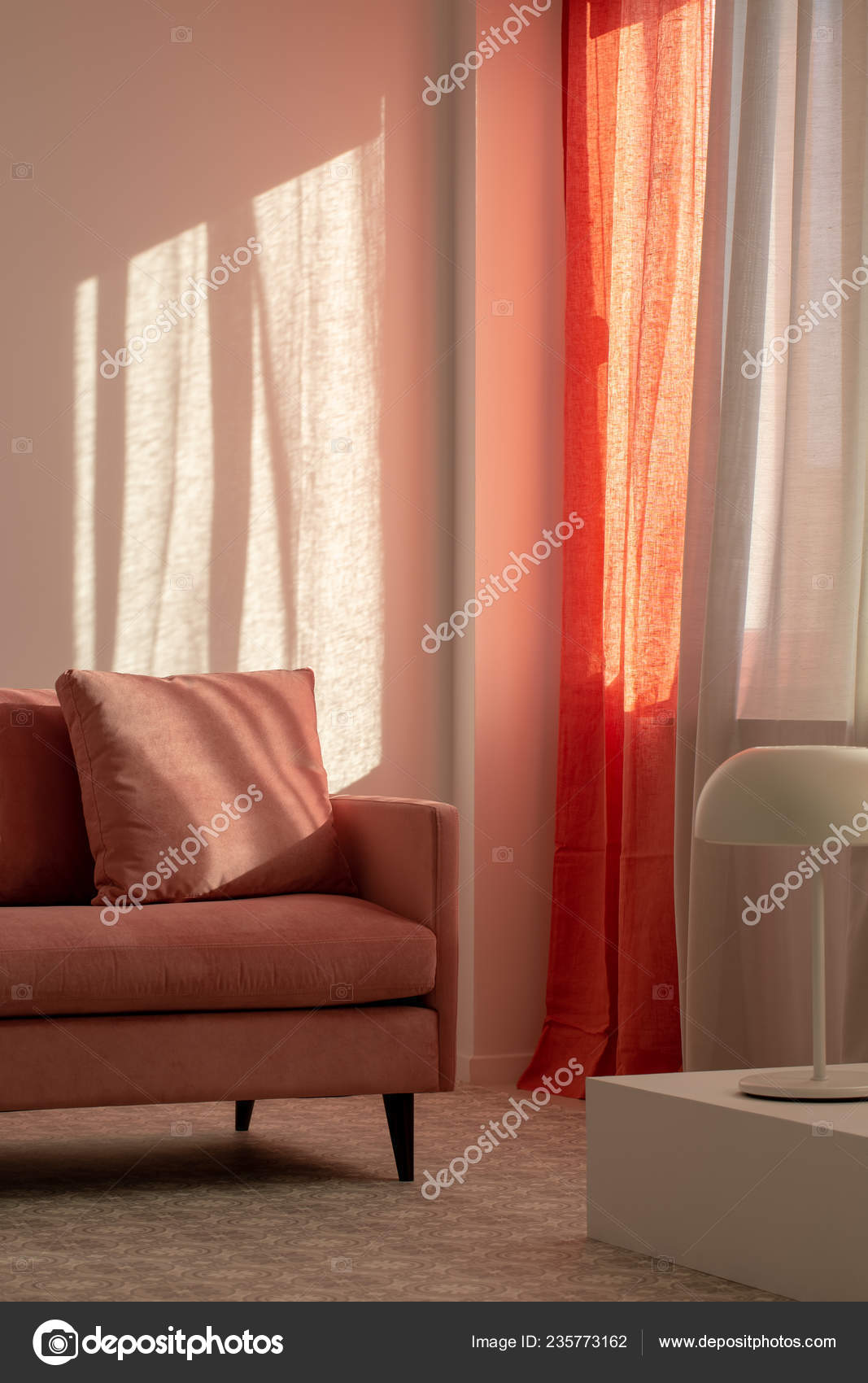 Pastel Pink Couch White Living Room Interior Orange Curtain Industrial Stock Photo Photographeeeu 235773162
