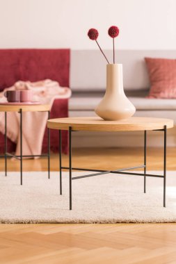 Oturma odası iç ahşap zemin ile beyaz halı üzerinde yuvarlak masaya çiçek. Gerçek fotoğraf