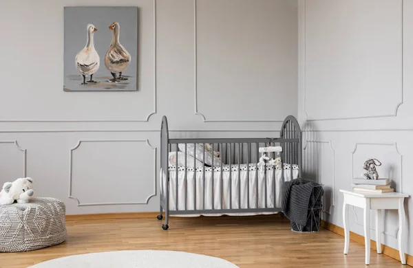 Teddy Bear Pouf Next Bed Grey Baby Bedroom Interior Poster — стоковое фото