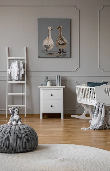 Toy Grey Pouf Trendy Baby Bedroom Cradle White Wooden Furniture — Stock Photo, Image