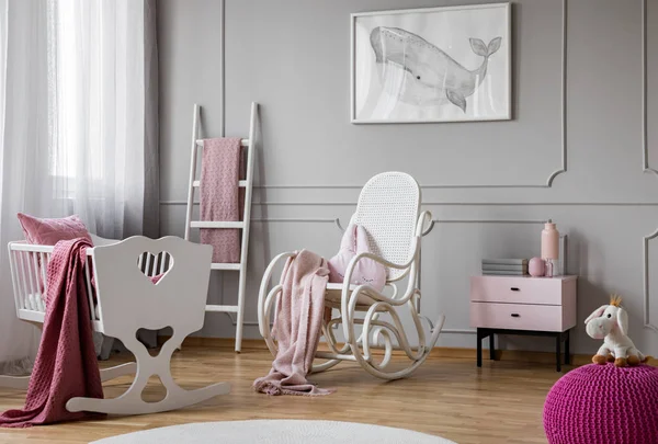 Pastel Pink Blanket White Rocking Chair Spacious Baby Room Interior — Stock Photo, Image