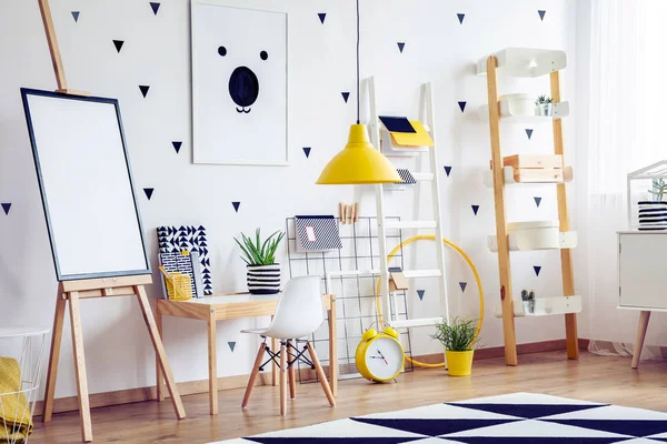 Bright Scandinavian Kid Playroom Wooden Furniture Black White Poster Wall — Stock Photo, Image