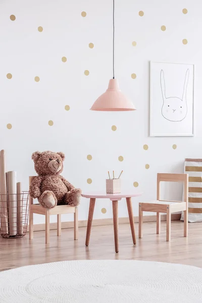 Pastel Pink Lamp Small Table Teddy Bear Wooden Chair Bright — стоковое фото