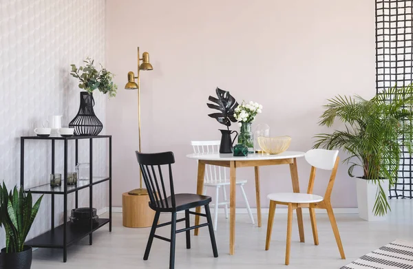 Witte Zwarte Stoel Houten Tafel Met Plant Eetkamer Interieur Met — Stockfoto