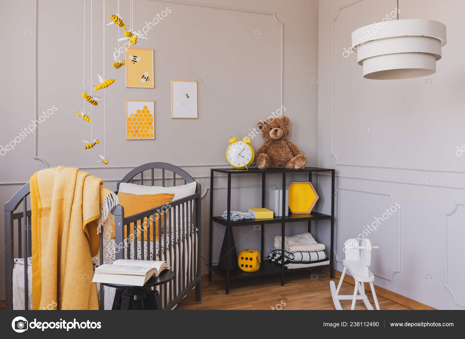 Baby Bear Grey & White Wooden Freestanding Clock for Nursery Playroom 