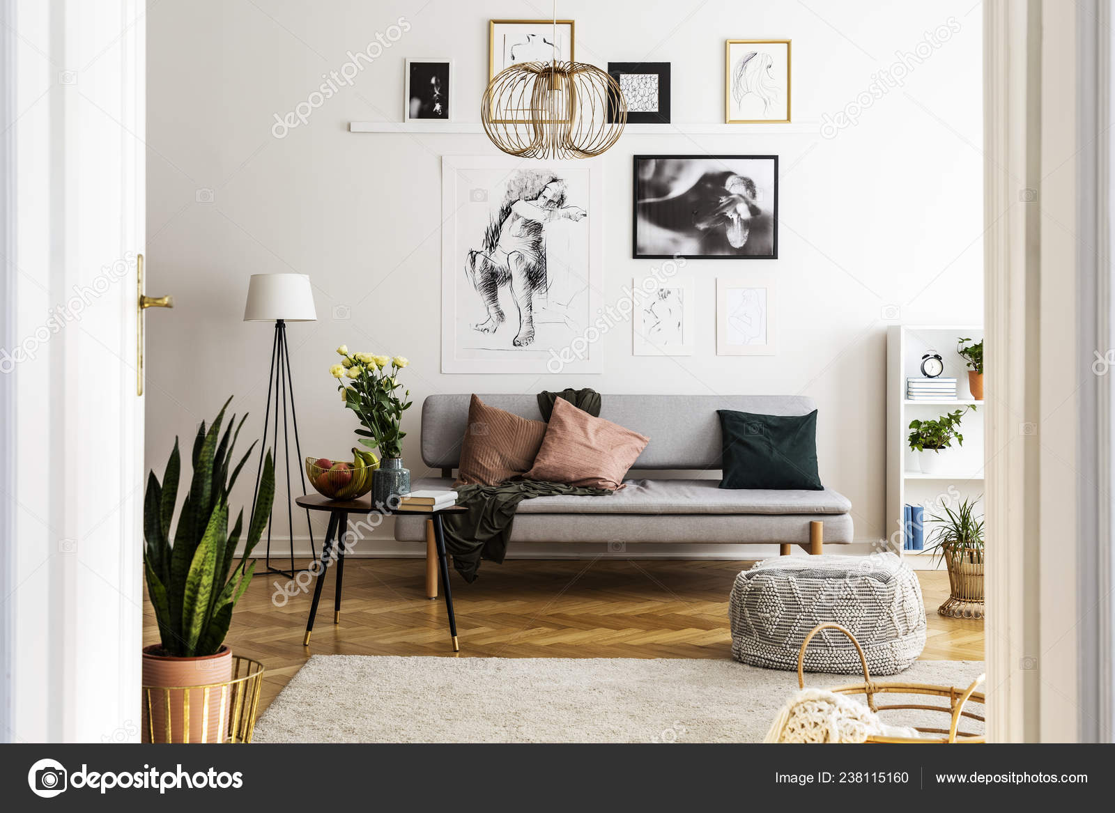 Posters Grey Sofa Pillows Bright Living Room Interior Flowers