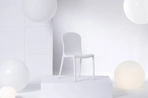 White Chair Platform Bright Showroom Interior Big Balloons — Stock Photo, Image