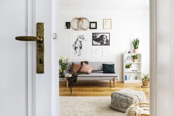 Porta Branca Interior Sala Estar Brilhante Com Cartazes Acima Sofá — Fotografia de Stock