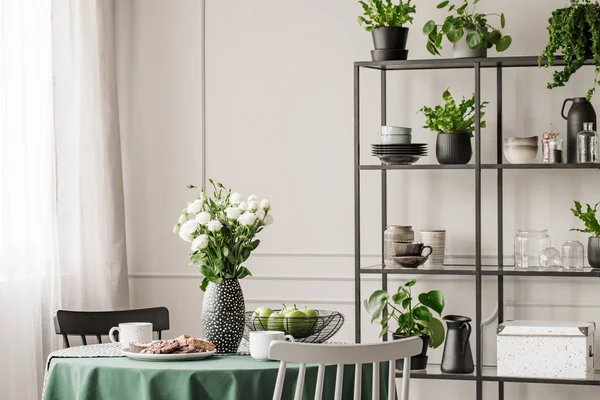 Industrial Metal Shelf Dishes Plants Bright Dining Room Table Chairs — Stock Photo, Image