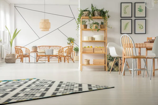 Gedessineerde Tapijt Witte Houten Vloer Trendy Woon Eetkamer Interieur Met — Stockfoto