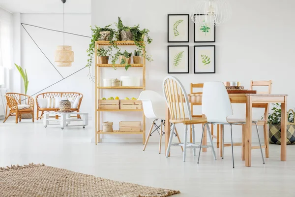 Natural Linen Rug White Wooden Floor Trendsetting Living Dining Room — Stock Photo, Image