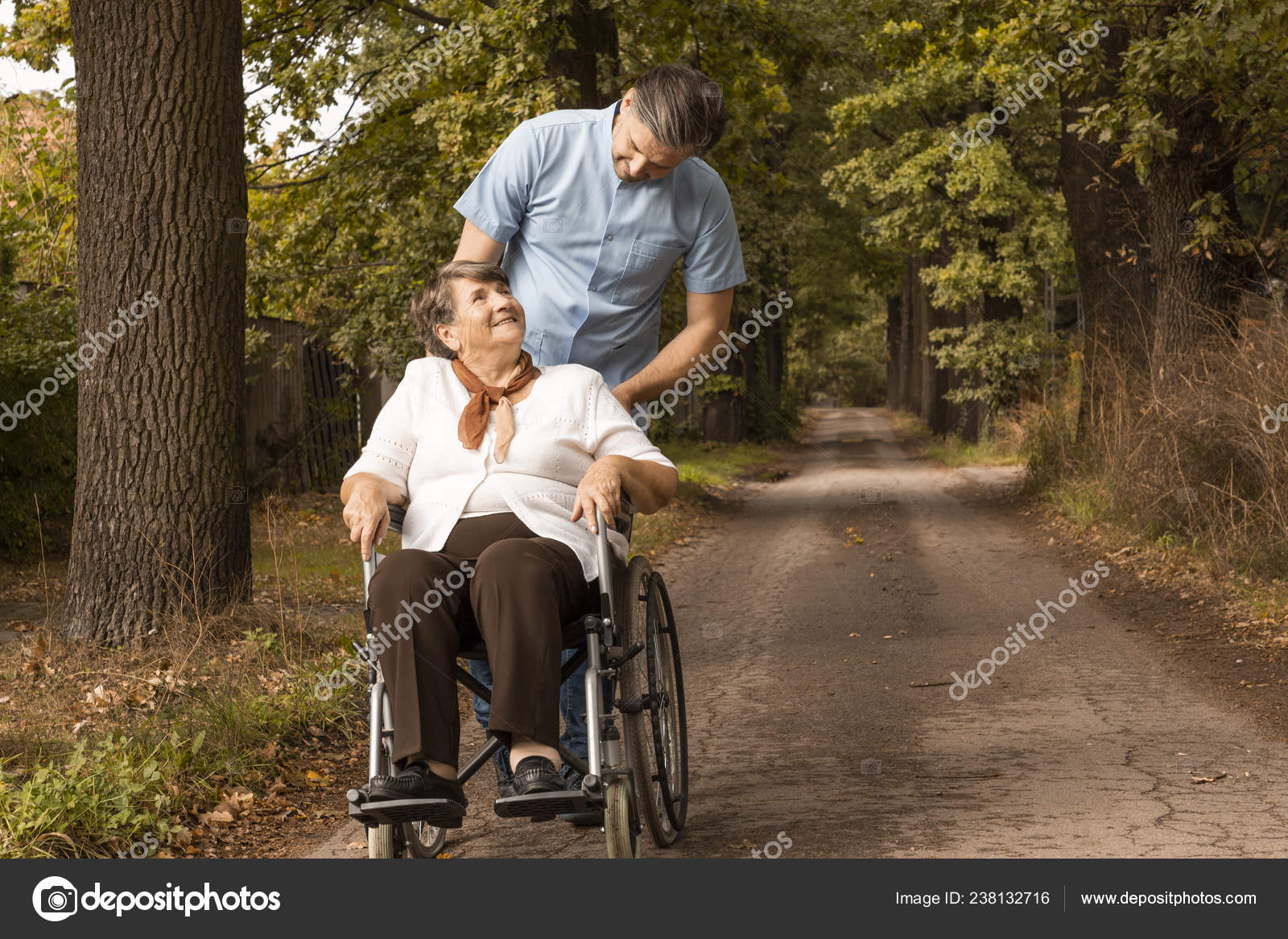 坐在轮椅上的女高级女护士在公园散步——图库图片© photographee.eu #238132716, image size:1600x1167