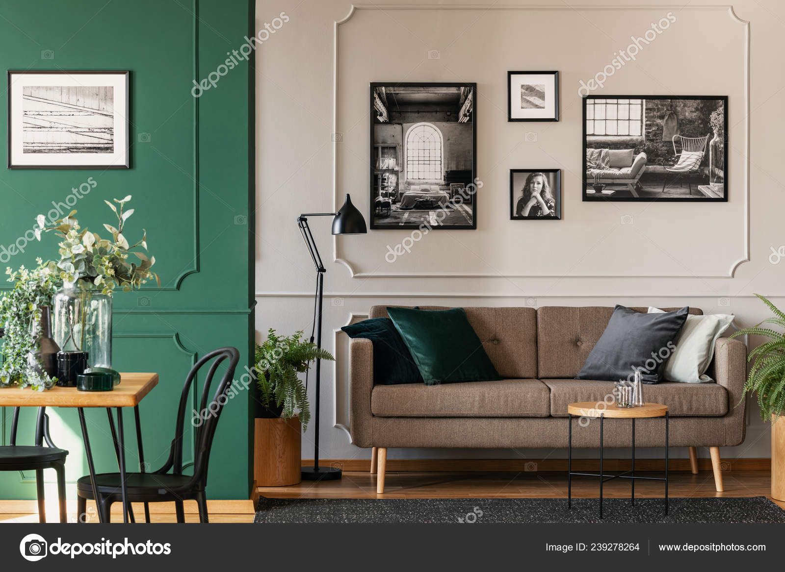 Black White Photos Grey Wall Chic Living Dining Room