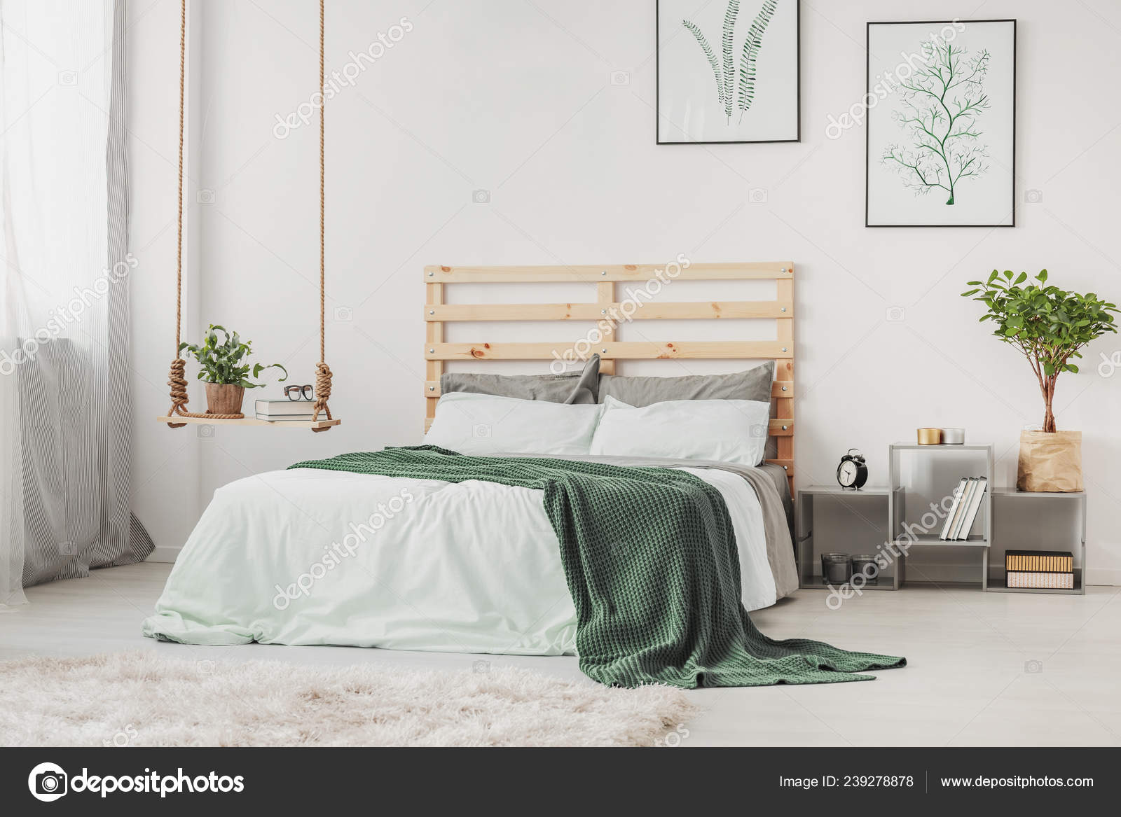 Scandinavian Bedroom Interior Comfortable Bed Grey White