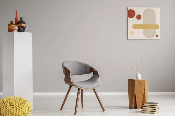Trendy Grey Wooden Chair Retro Living Room Interior — Stock Photo, Image