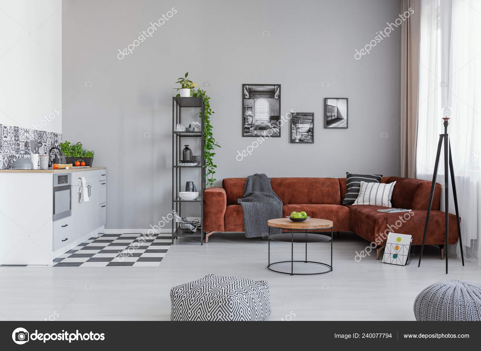 Grey Open Plan Living Room Kitchen Interior Brown Velvet Corner Stock Photo Image By C Photographee Eu 240077794