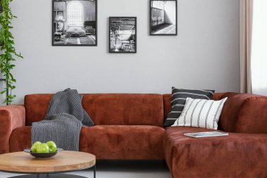 Siyah ve beyaz kahverengi kadife köşe kanepe yastık ve battaniye ile yukarıda Fotoğraf Galerisi