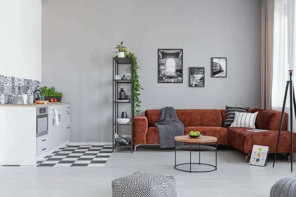 Modisches Offenes Wohn Und Kücheninterieur Mit Braunem Samt Ecksofa Und — Stockfoto