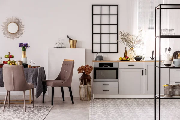 Open Plan Kitchen Dining Room Interior Black White Design — Stock Photo, Image