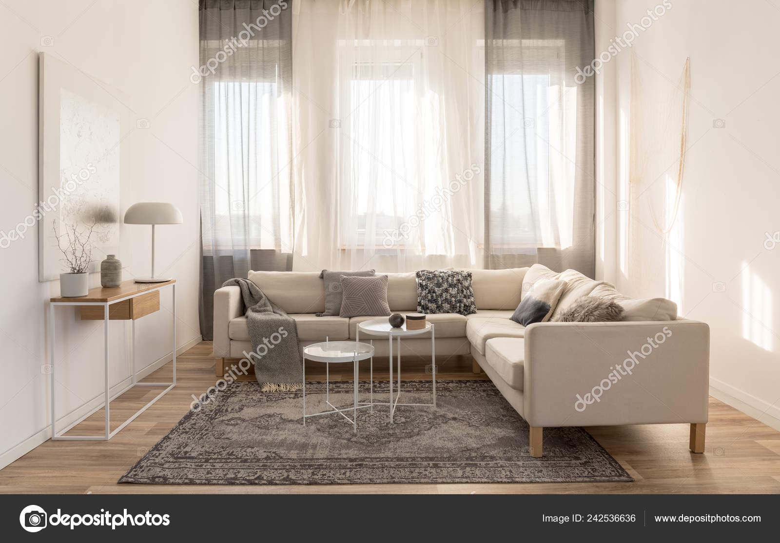 Beige Grey White Living Room Interior Design Corner Sofa Two